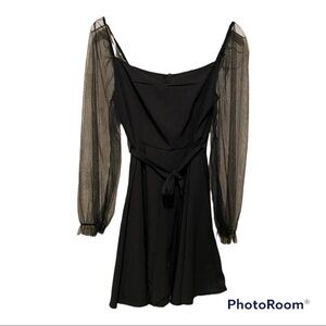 Shein Black Belted Dress With Mesh Puff Sleeves | Size 4
